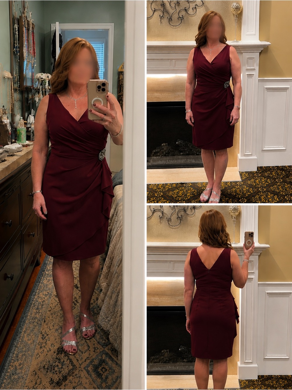Alex Evenings Wine Sleeveless Draped Midi Dress with Rhinestone Brooch